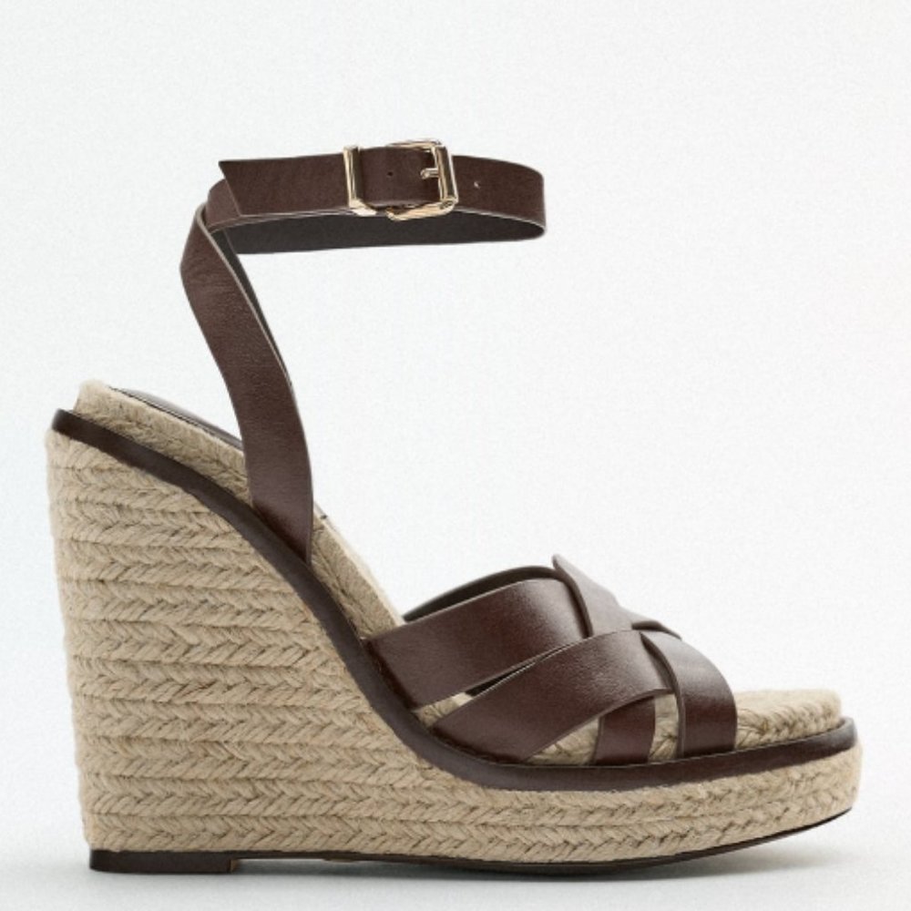ZARA 100% LEATHER BROWN WEDGE SANDAL HEELS $89.90